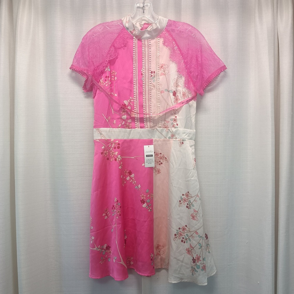 Liquorish London Pink Floral Lace Colorblock Mini Dress Mock Neck Womens 6 NWT